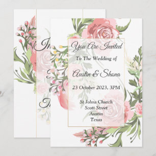 Invitation de mariage élégante, rose, florale, vin