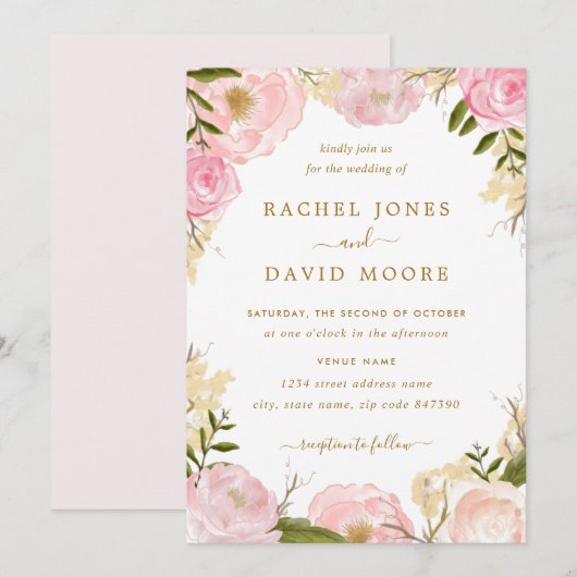 Invitation de mariage élégante rose rose (Devant / Derrière)