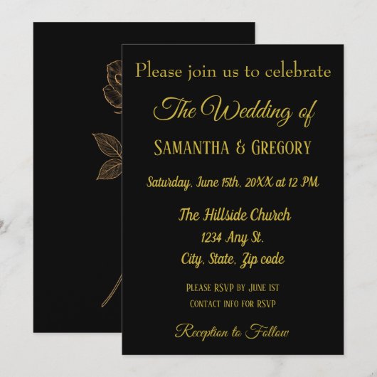 Invitation de mariage élégante simple or et noir (Devant / Derrière)