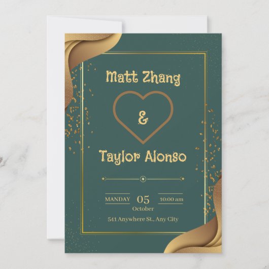 Invitation De Mariage Élégante Vert Et Or (Devant)