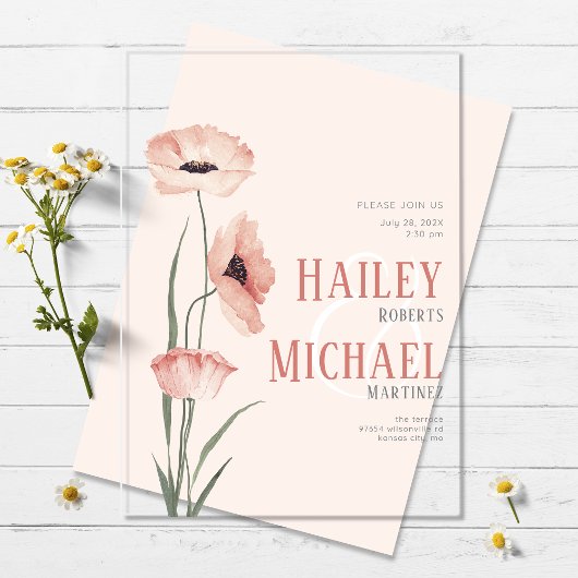 Invitation de mariage en acrylique Fleurs de corai