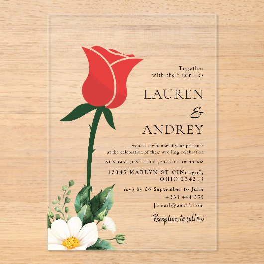 Invitation de mariage en acrylique Rose Rouge (Recto)