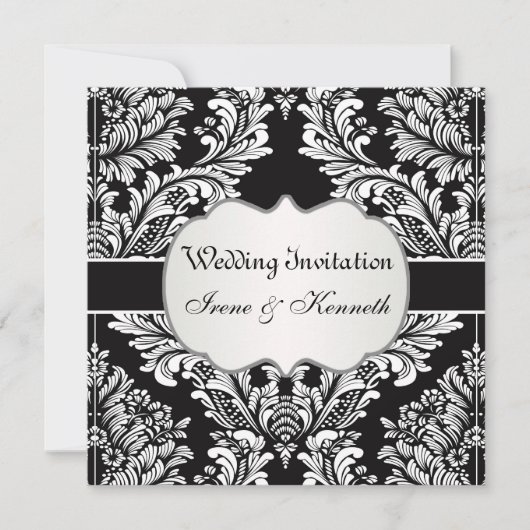 Invitation de mariage en damas blanc feuillu sur f (Devant)