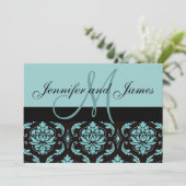 Invitation de mariage en damas bleu avec monogramm (Debout devant)
