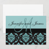 Invitation de mariage en damas bleu avec monogramm (Devant / Derrière)