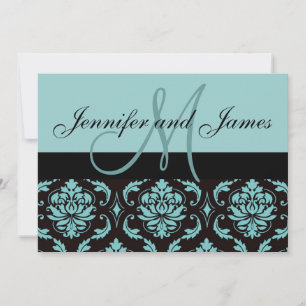 Invitation de mariage en damas bleu avec monogramm