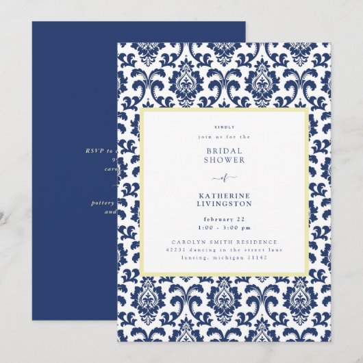 Invitation de mariage en damassé bleu et jaune (Devant / Derrière)