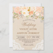 Invitation de mariage en dentelle florale pêche (Devant)