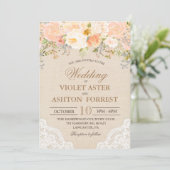 Invitation de mariage en dentelle florale pêche (Debout devant)