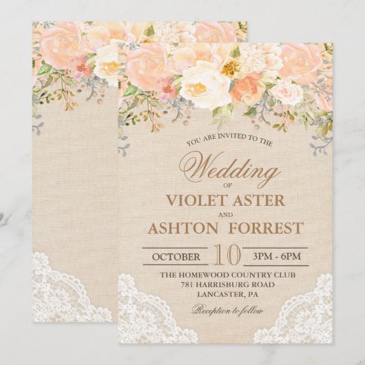 Invitation de mariage en dentelle florale pêche (Devant / Derrière)