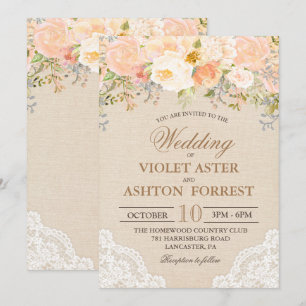Invitation de mariage en dentelle florale pêche