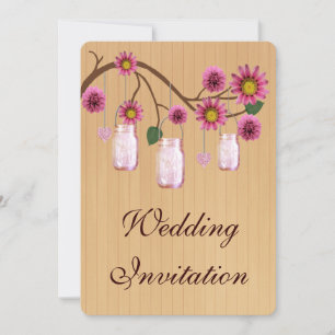 Invitation de mariage en pots Mason rose rustique 