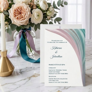 Invitation de mariage en soie sarcelle et blush