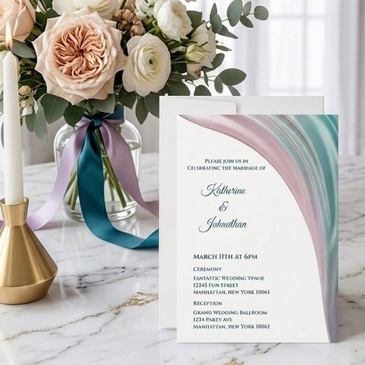 Invitation de mariage en soie sarcelle et blush