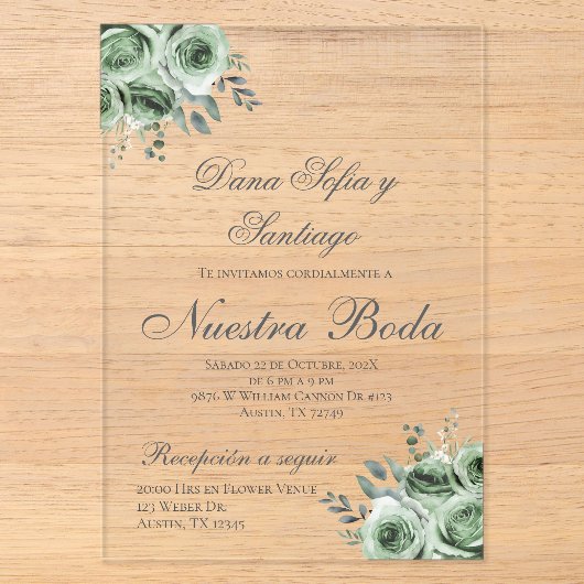 Invitation de mariage espagnol en acrylique avec v (Recto)