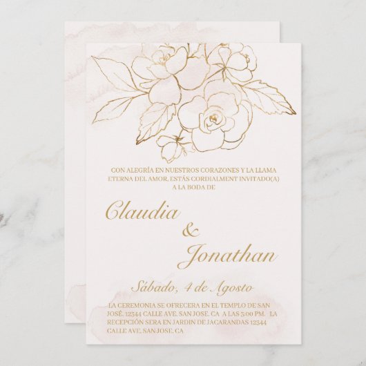 Invitation de mariage espagnole de la fleur d'or (Devant / Derrière)