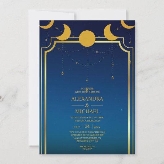 Invitation de mariage Étoiles célestes Or Bleu Mys (Devant)