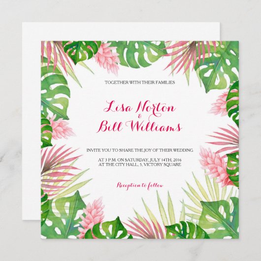 Invitation de mariage feuille d'aquarelle tropical (Devant / Derrière)