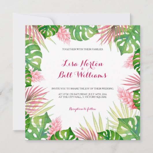 Invitation de mariage feuille d'aquarelle tropical (Devant)