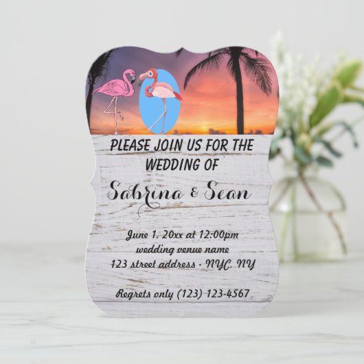 Invitation de mariage flamant rose de plage romant (Debout devant)