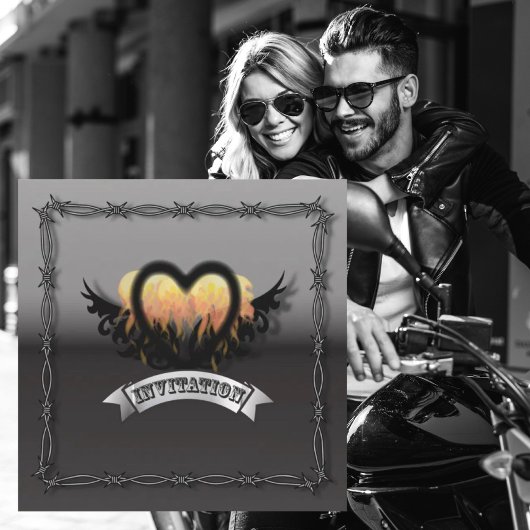 Invitation de mariage Flames Heart RockNRoll Biker