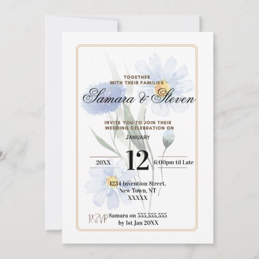 Invitation de mariage Fleur de couleur d'eau bleue (Devant)