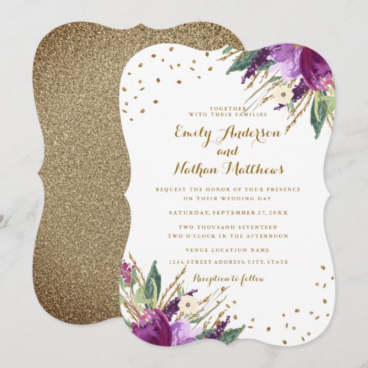 Invitation de mariage Fleur Or Violet Aquarelle (Devant / Derrière)