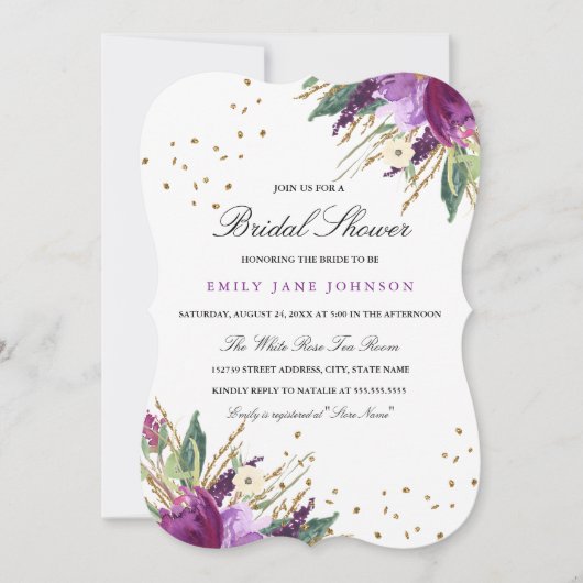 Invitation de mariage Fleur Or Violet Aquarelle (Devant)