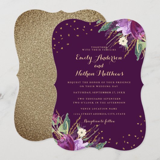 Invitation de mariage Fleur Pourpre Or Aquarelle (Devant / Derrière)