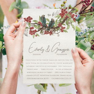 Invitation de mariage Fleur Rouge Branche Oiseaux