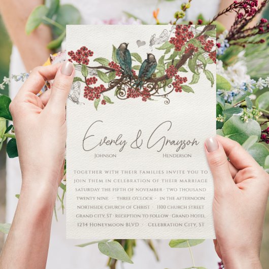 Invitation de mariage Fleur Rouge Branche Oiseaux