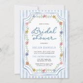 Invitation de mariage fleurie rayée bleue pour une (Devant)