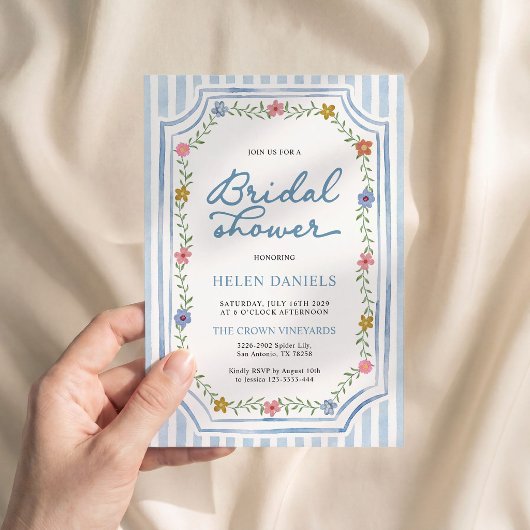 Invitation de mariage fleurie rayée bleue pour une