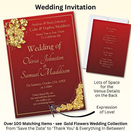Invitation de mariage Fleurs de rose dorée Rouge b