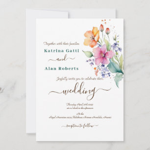 Invitation de mariage Fleurs roses pêche jaune