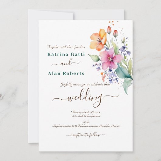 Invitation de mariage Fleurs roses pêche jaune (Devant)