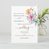 Invitation de mariage Fleurs roses pêche jaune (Debout devant)