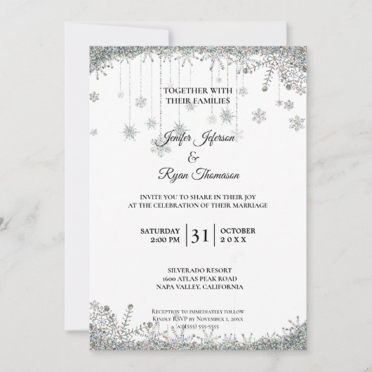 Invitation de mariage flocons de neige pailletés a (Devant)