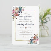 Invitation de mariage | Floral bleu doré rose (Debout devant)