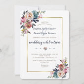 Invitation de mariage | Floral bleu doré rose (Devant)