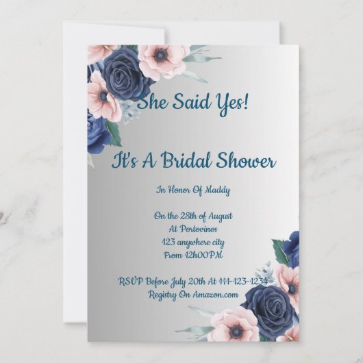 Invitation de mariage floral bleu rose (Devant)