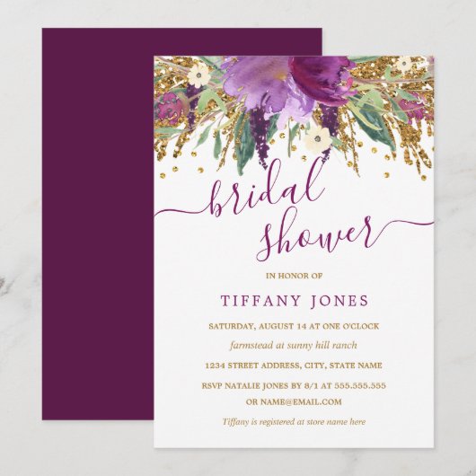 Invitation de mariage floral confetti or violet (Devant / Derrière)