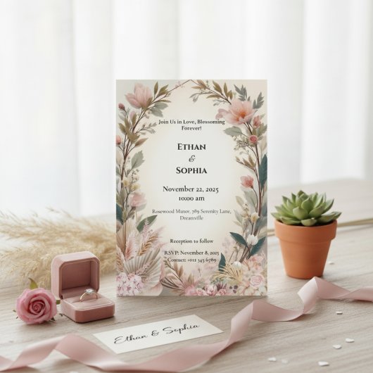 Invitation de mariage floral de Boho rose vif