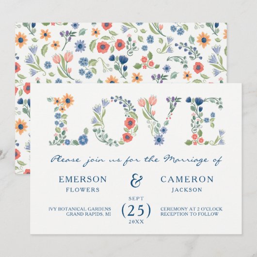 Invitation de mariage Floral LOVE (Devant / Derrière)