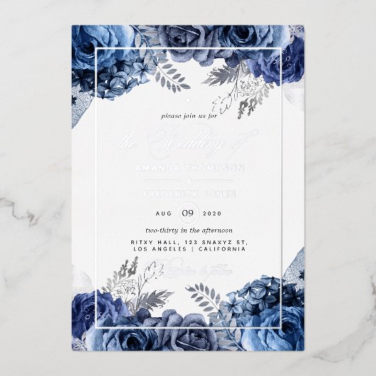 Invitation de Mariage floral marine et argenté (Recto)
