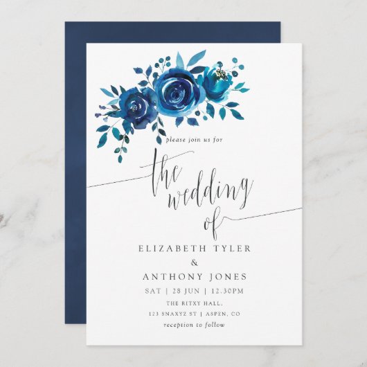 Invitation de mariage floral marine et blanc (Devant / Derrière)