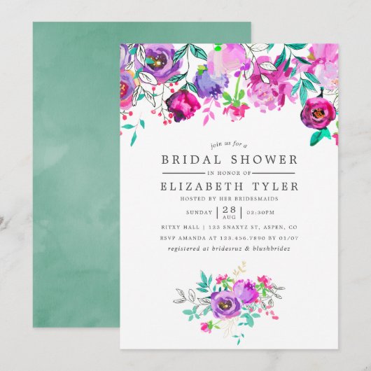 Invitation de mariage floral violet et menthe (Devant / Derrière)
