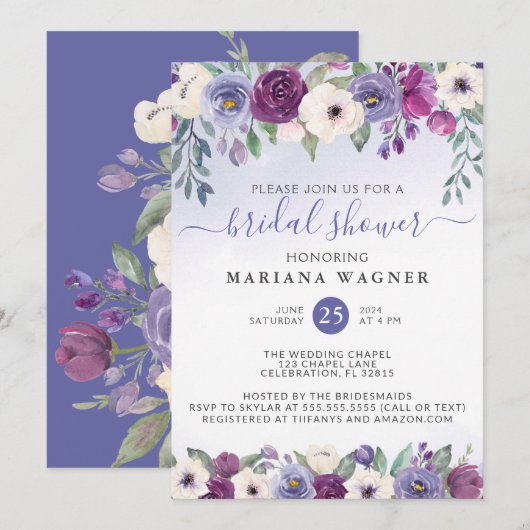Invitation de mariage floral violet fuchsia mariag (Devant / Derrière)