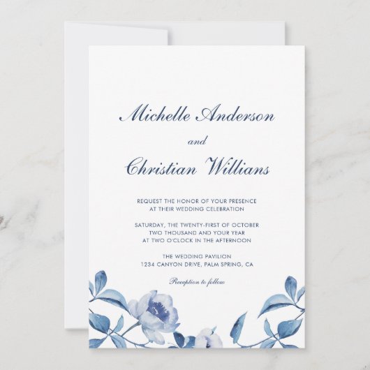 Invitation de mariage florale à l'aquarelle bleue (Devant)