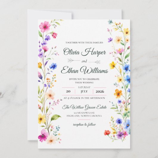 Invitation de mariage florale à l'aquarelle élégan (Devant)
